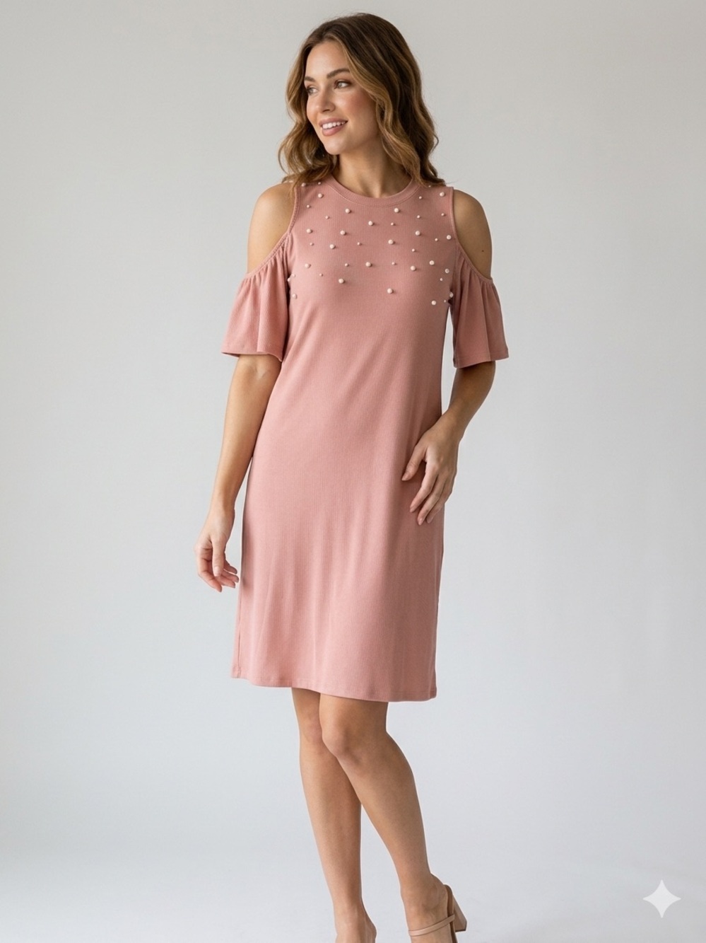 Hem & Thread Blush Pink Ribbed Cold Shoulder Dress with Pearls NWT